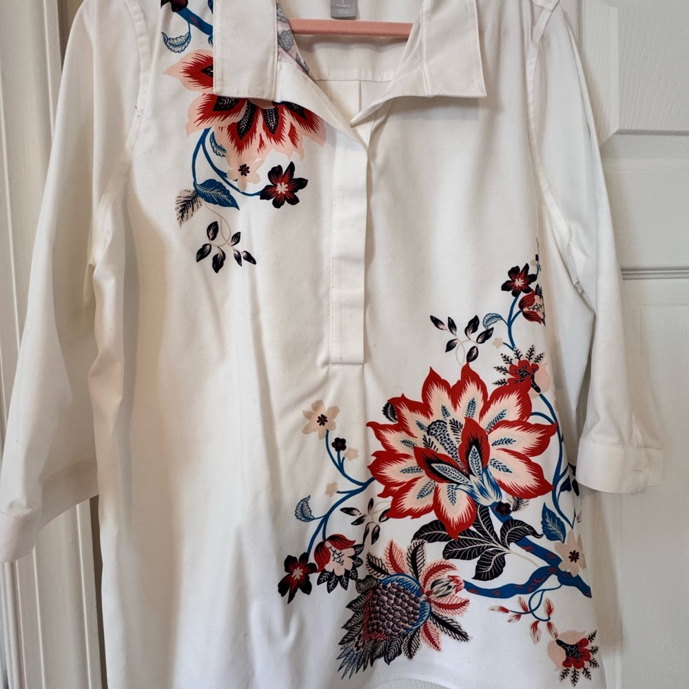 Chico's White Blouse with Floral Embroidery